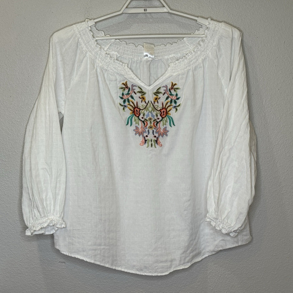 Cracker Barrel Peasant Top Womens Size Large White w/ Floral Embroidery V-Neck - Picture 1 of 6